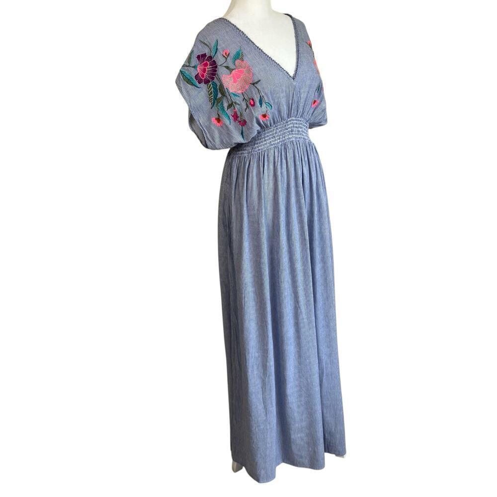 See And Be Seen Sz L Floral Embroidered Maxi Dress Striped Smocked Waist Beachy - Picture 7 of 16